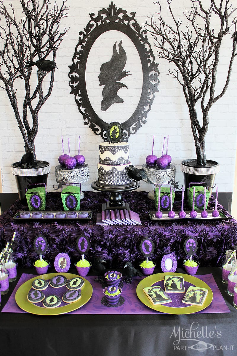 Maleficent Party Ideas featuring creative purple and black decorations